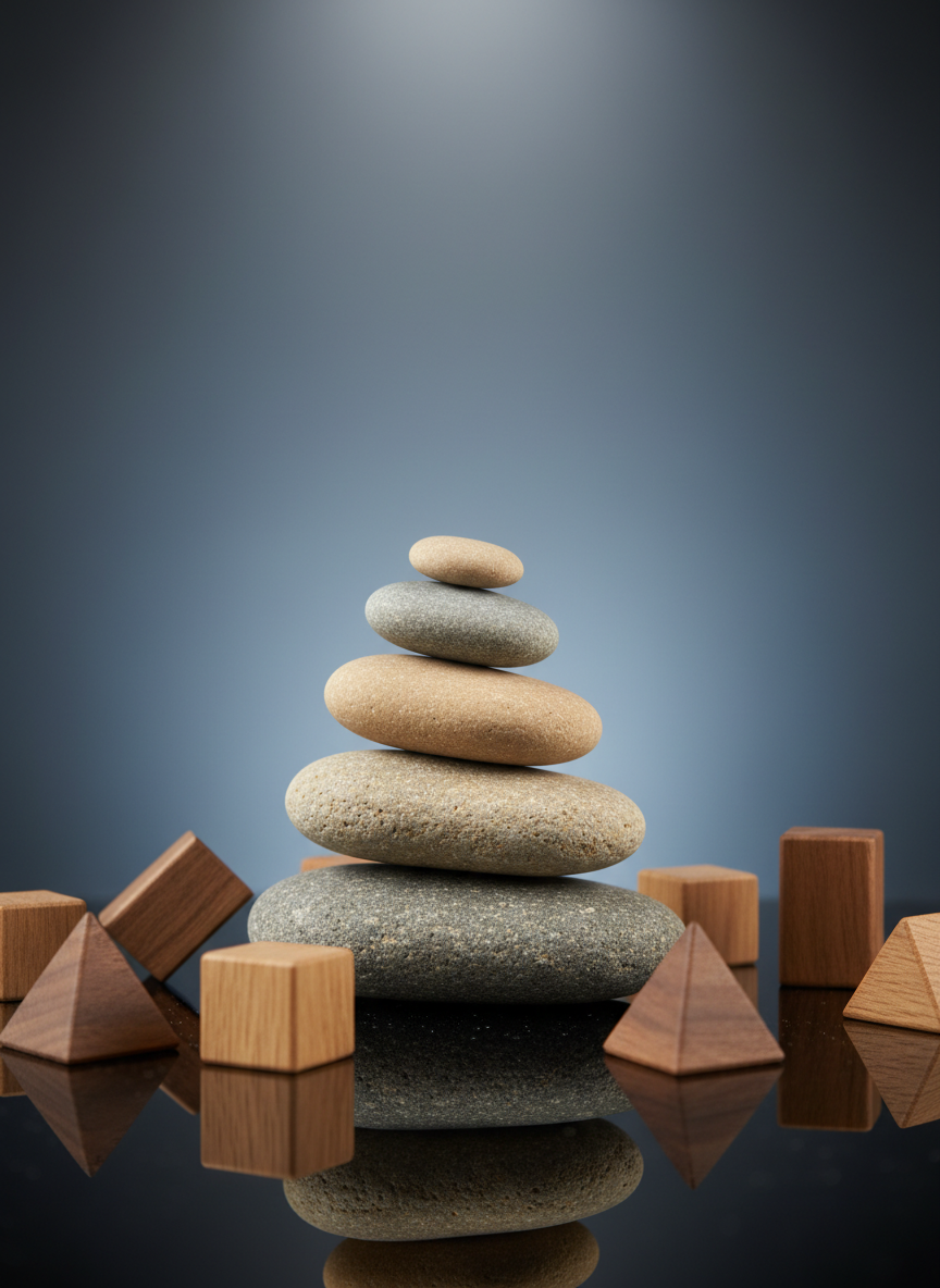 A balanced stone cairn composed of five smooth, differently sized gray and sand-colored rocks, carefully stacked on a reflective black surface. Around the cairn, scattered geometric wooden blocks in warm neutral tones symbolize complex decisions, some lying fallen, others perfectly upright. Cool, diffused studio lighting from above casts subtle, precise shadows and soft reflections, emphasizing the textures of stone and wood. The background gently falls into a gradient of charcoal to soft slate, slightly out of focus, suggesting vast unknowns. Photographed with a centered composition and moderate depth of field, the image has a professional, minimalist, and calm atmosphere, using clean photographic realism to convey stability, clarity, and resilience in a world of shifting uncertainty.